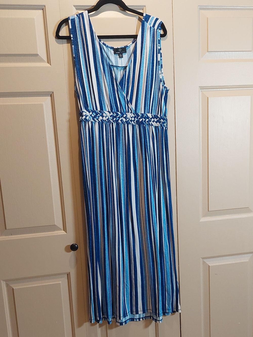 Ronni Nicole Blue and White Vertical Stripe Maxi Dress